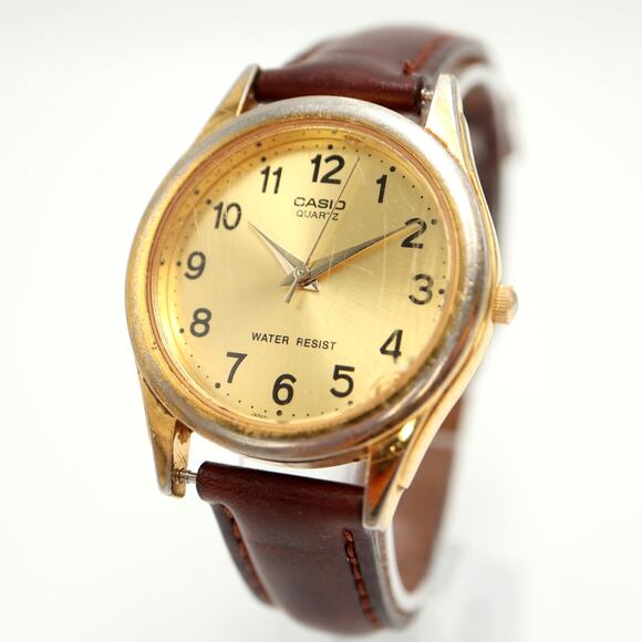 Casio Gold Tone Classic 36mm Dress Watch Brown Leather MTP-1093 w New Battery - Picture 1 of 16